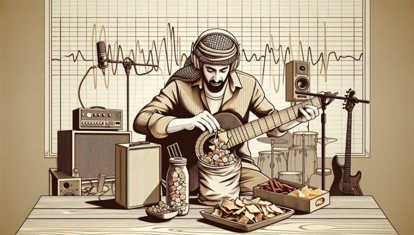 A musician in a recording studio enjoying a colorful mix of freeze dried snacks, illustrating the connection between healthy eating and creative inspiration.