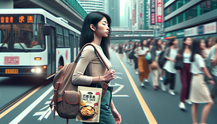 A musician carrying a bag with a pack of freeze dried snacks visible, set against a busy city backdrop, showcasing the portability and convenience of freeze dried snacks for busy musicians.