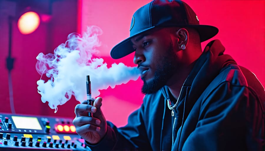 Canadian hip-hop artist with vape pen in a studio setting, emphasizing music and vaping