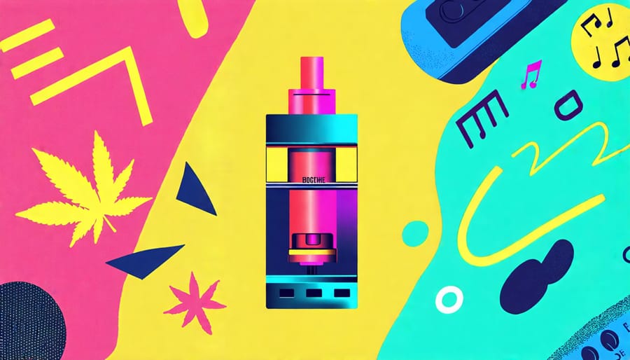 Colorful design of a THC vaping cartridge with musical notes