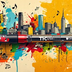 Artistic depiction of a THC vape pen surrounded by musical elements and urban cityscapes, symbolizing the blend of vaping culture with the Canadian hip-hop scene.