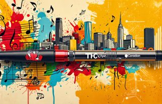 Artistic depiction of a THC vape pen surrounded by musical elements and urban cityscapes, symbolizing the blend of vaping culture with the Canadian hip-hop scene.