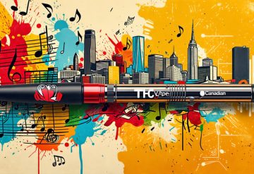 Artistic depiction of a THC vape pen surrounded by musical elements and urban cityscapes, symbolizing the blend of vaping culture with the Canadian hip-hop scene.