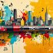 Artistic depiction of a THC vape pen surrounded by musical elements and urban cityscapes, symbolizing the blend of vaping culture with the Canadian hip-hop scene.