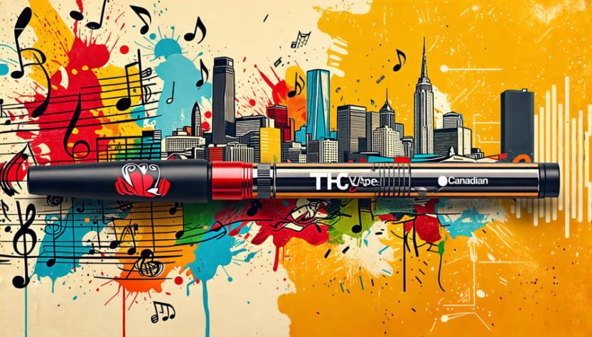 Artistic depiction of a THC vape pen surrounded by musical elements and urban cityscapes, symbolizing the blend of vaping culture with the Canadian hip-hop scene.