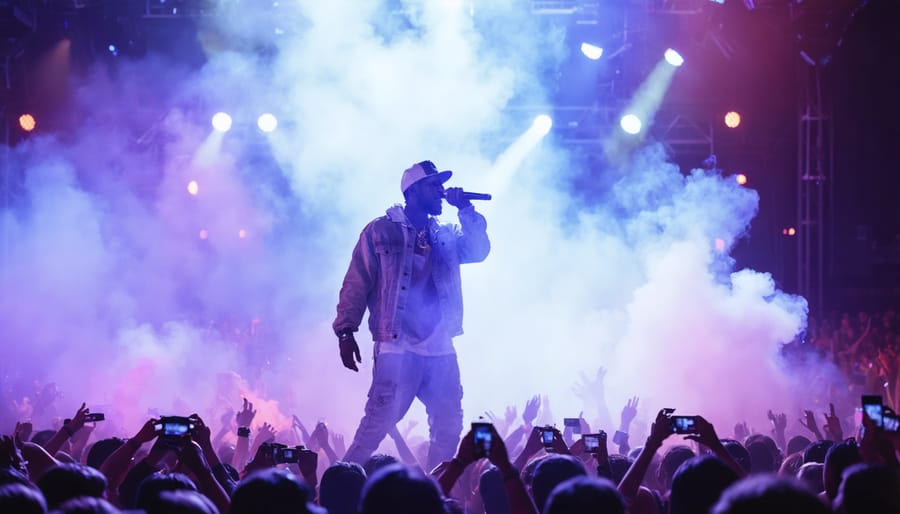 Hip-hop musician on stage with visible clouds of vapor emanating from the crowd, highlighting the integration of vaping in live hip-hop performances