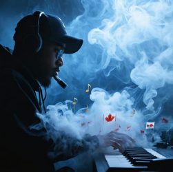 A Canadian hip-hop artist in a recording studio, surrounded by swirling vapor clouds intertwined with musical notes and Canadian flags, illustrating the blend of vaping culture with Canada's music scene.