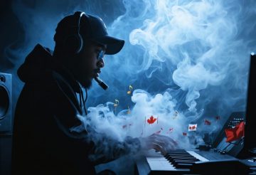 A Canadian hip-hop artist in a recording studio, surrounded by swirling vapor clouds intertwined with musical notes and Canadian flags, illustrating the blend of vaping culture with Canada's music scene.