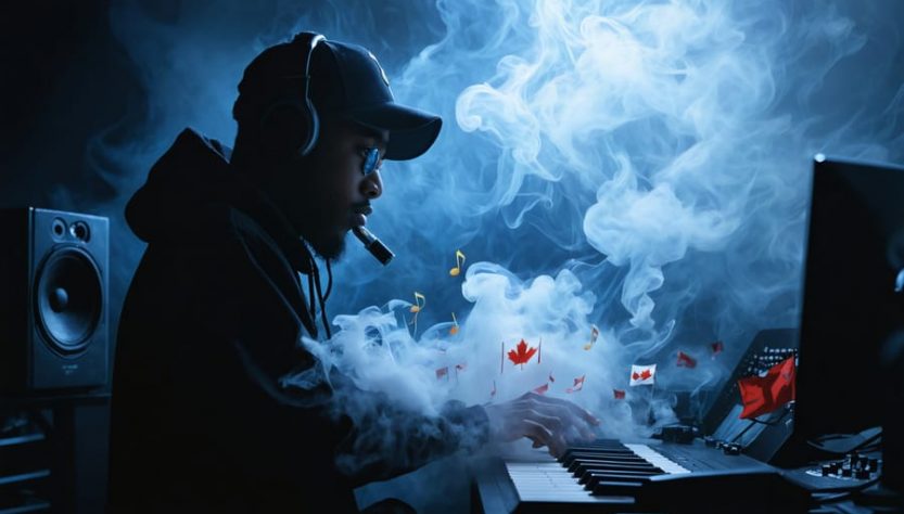 A Canadian hip-hop artist in a recording studio, surrounded by swirling vapor clouds intertwined with musical notes and Canadian flags, illustrating the blend of vaping culture with Canada's music scene.