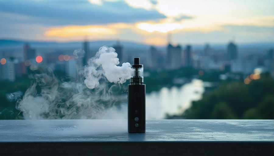 A sleek vaping device with a Canadian city skyline in the background, symbolizing the rise of vaping in urban Canada